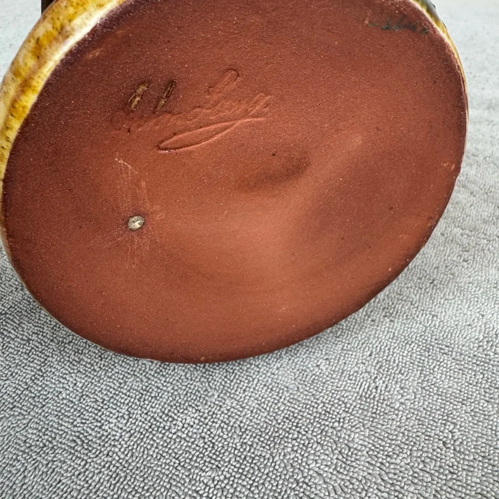 VTG Anton Lang Studios Red Clay Pottery Candle Holder w/ Handle Floral Germany